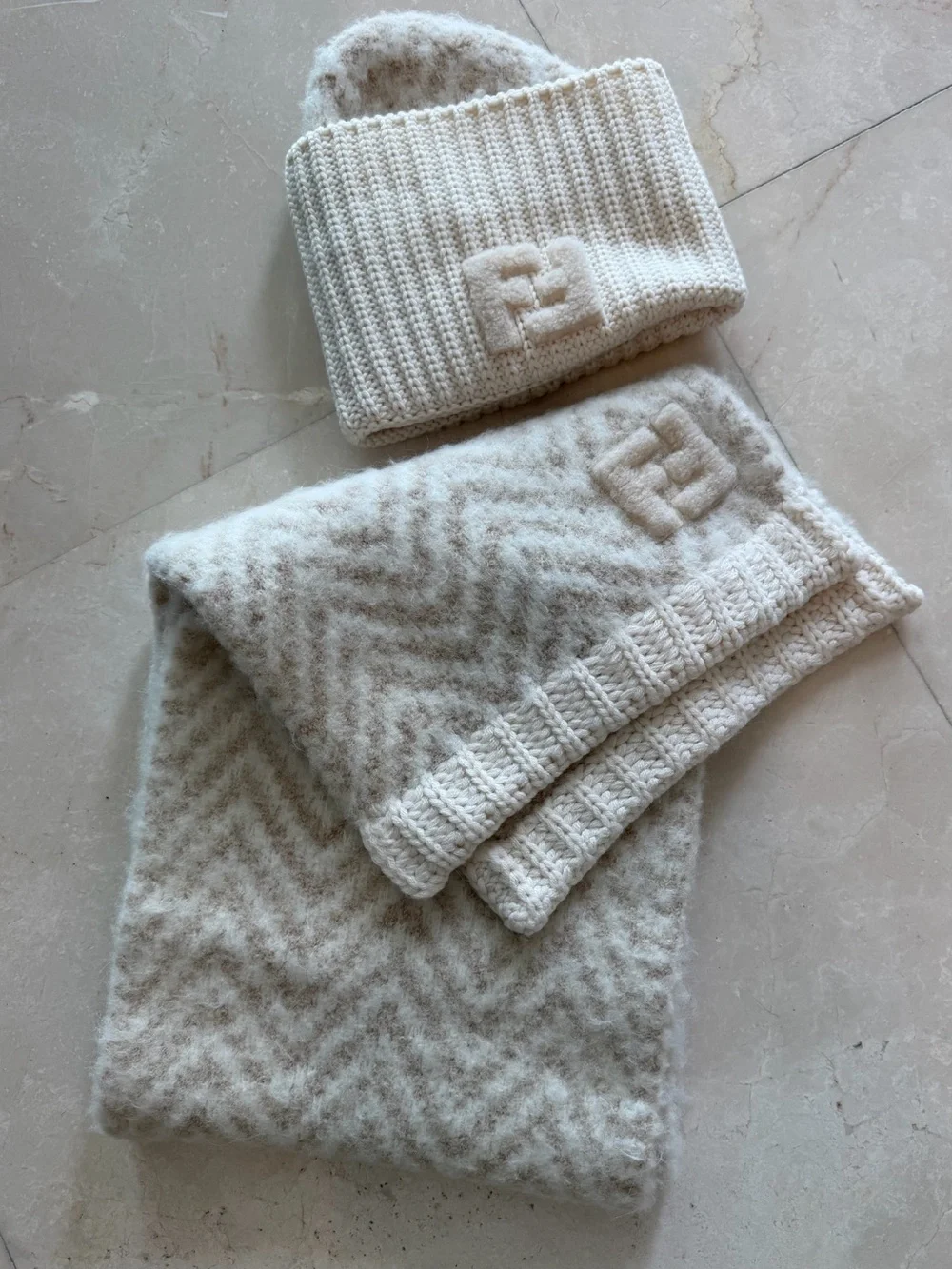 Fendi Cream Alpaca Beanie and Scarf Set